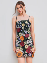 Jacquard Square Neck Colorful Floral Embroidery Mini Dress