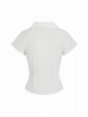 Cotton Notched Collar Short Sleeve Button Through Blouse