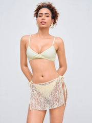 V-neck Solid Bracelet Tie Side Bikini Set With Lace Cover Up Skirt