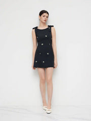 Boat Neck Floral Embroidery Bowknot Mini Dress