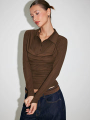 Collar Long Sleeve Button Front Ruched Tee