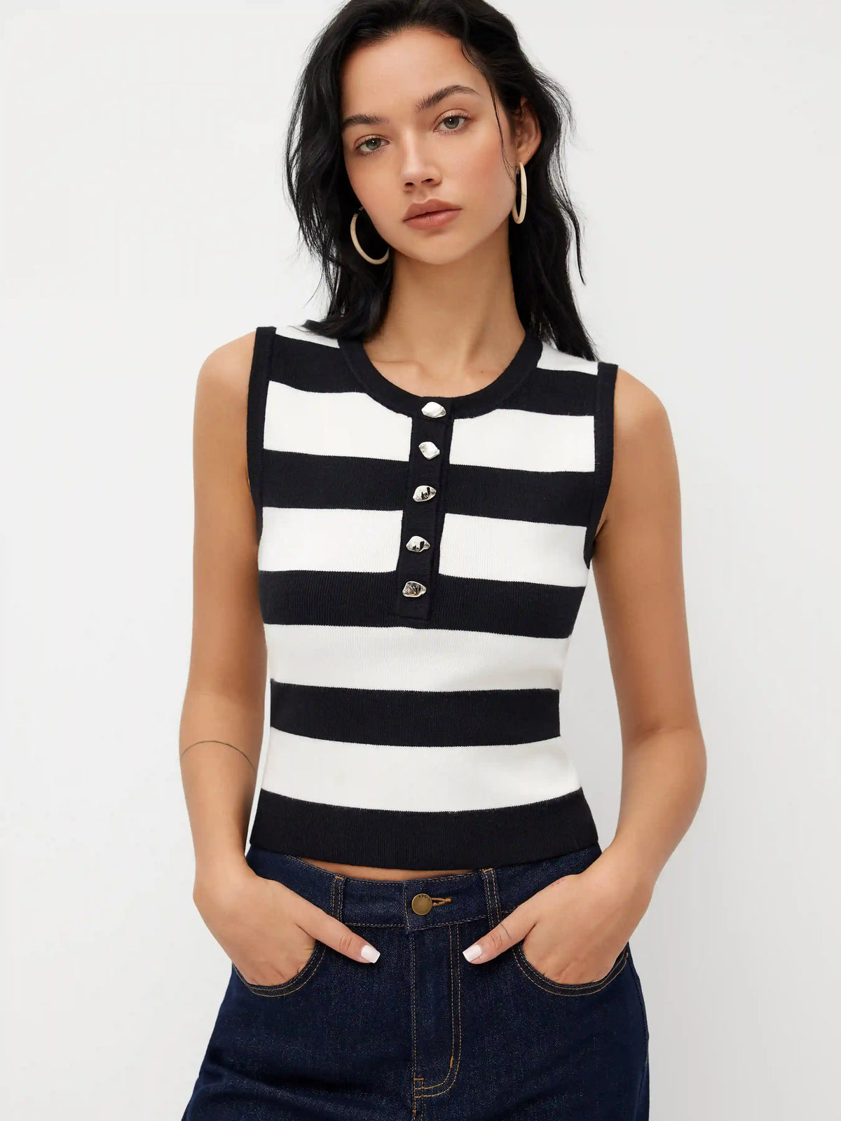 Knit Round Neckline Stripe Metal Button Tank Top