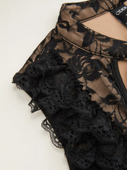 Lace Floral Mandarin Collar Tie Front Top