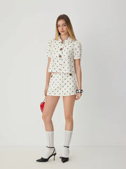 Polka Dot Peter Pan Collar Top & Low Rise A-line Mini Skirt Set