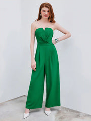 Woven Solid Shirred Pleated Straight Leg Jumpsuit