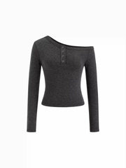 Asymmetrical Neck Long Sleeve Button Tee