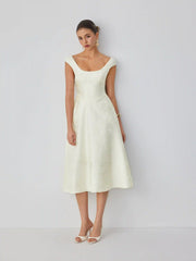 Jacquard Floral Square Neck Textured Flared Midi Dress