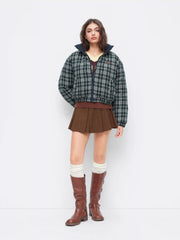 Reversible Cotton-blend Stand Collar Tartan Zip Through Puffer