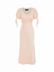Satin V-neck Lace Trim Bowknot Lantern Sleeve Mermaid Maxi Dress