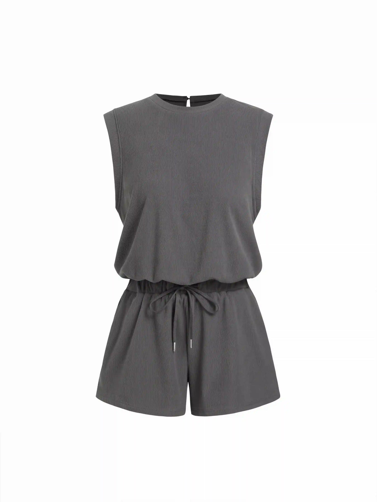 Ribbed Round Neck Drawstring Mid Rise Romper