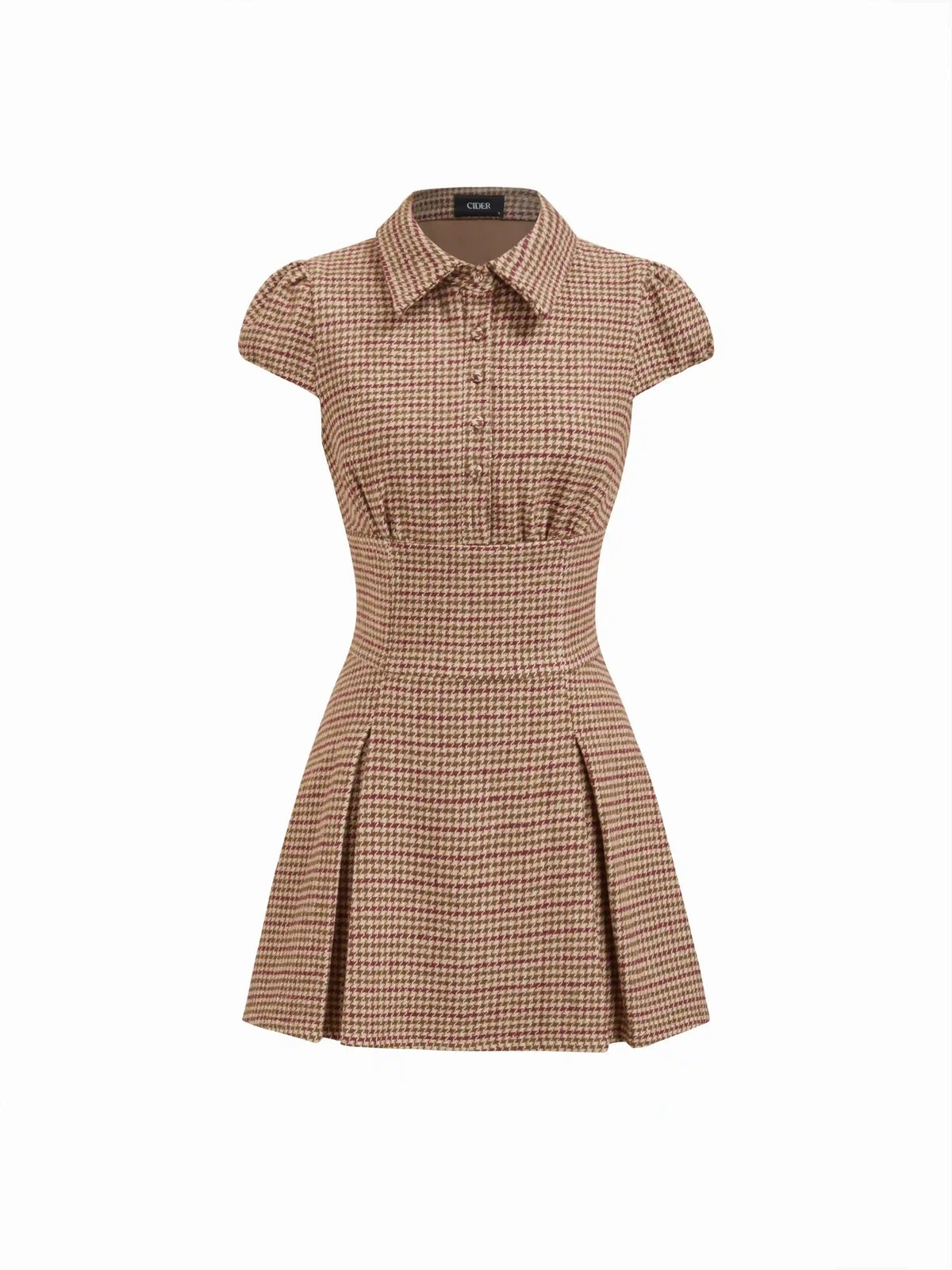 Collar Houndstooth Pleated Ruched Mini Dress