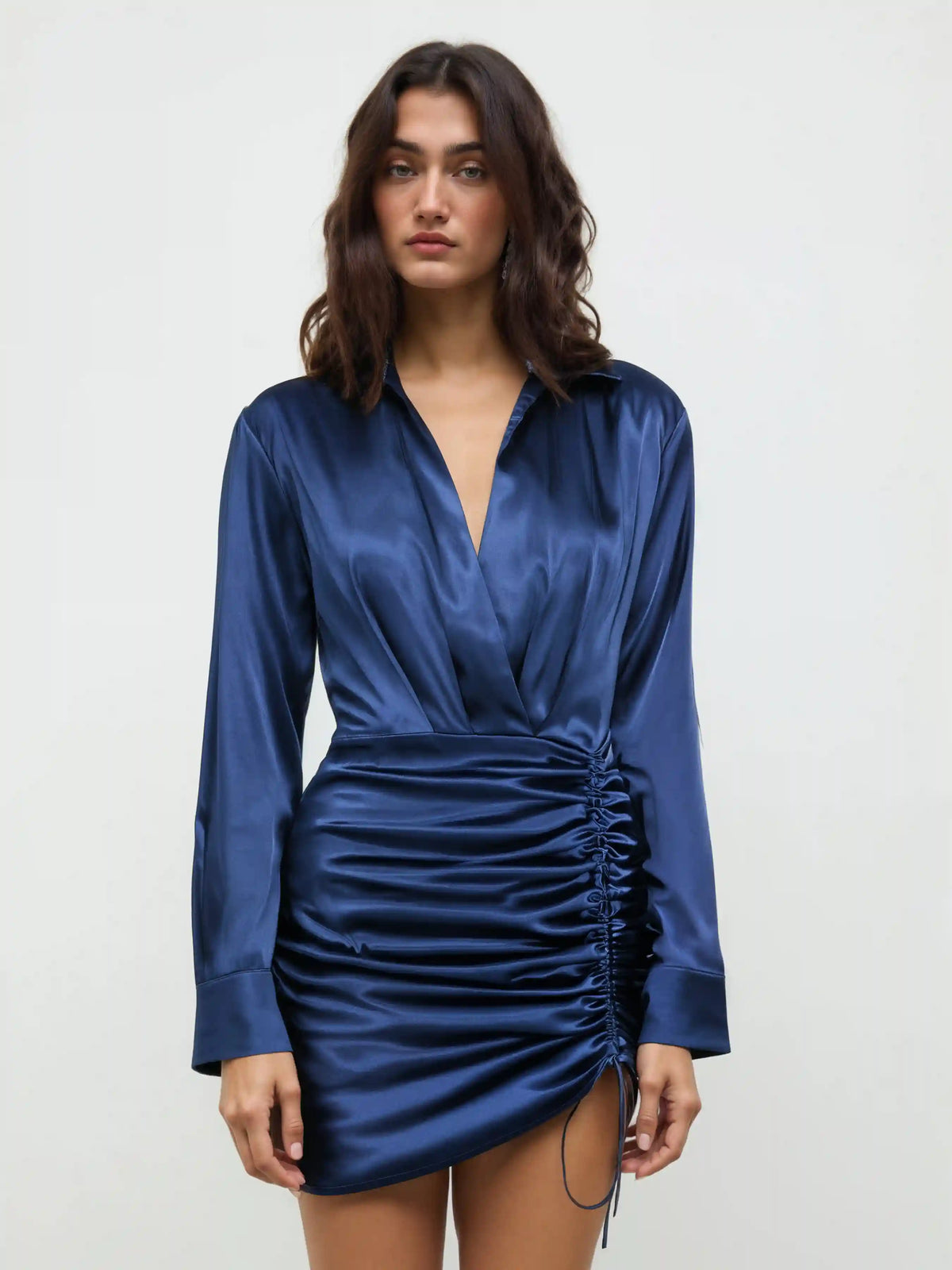 Solid Drawstring Satin Mini Shirt Dress