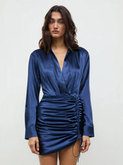 Solid Drawstring Satin Mini Shirt Dress