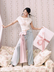 Cider Denim Mid Rise Bowknot Wide Leg Jeans