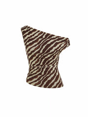Mesh Zebra Striped Asymmetrical Neck Ruched Top