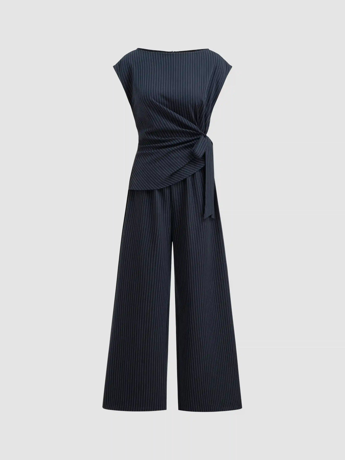 Boat Neck Stripe Ruched Knotted Straight Leg Jumpsuit