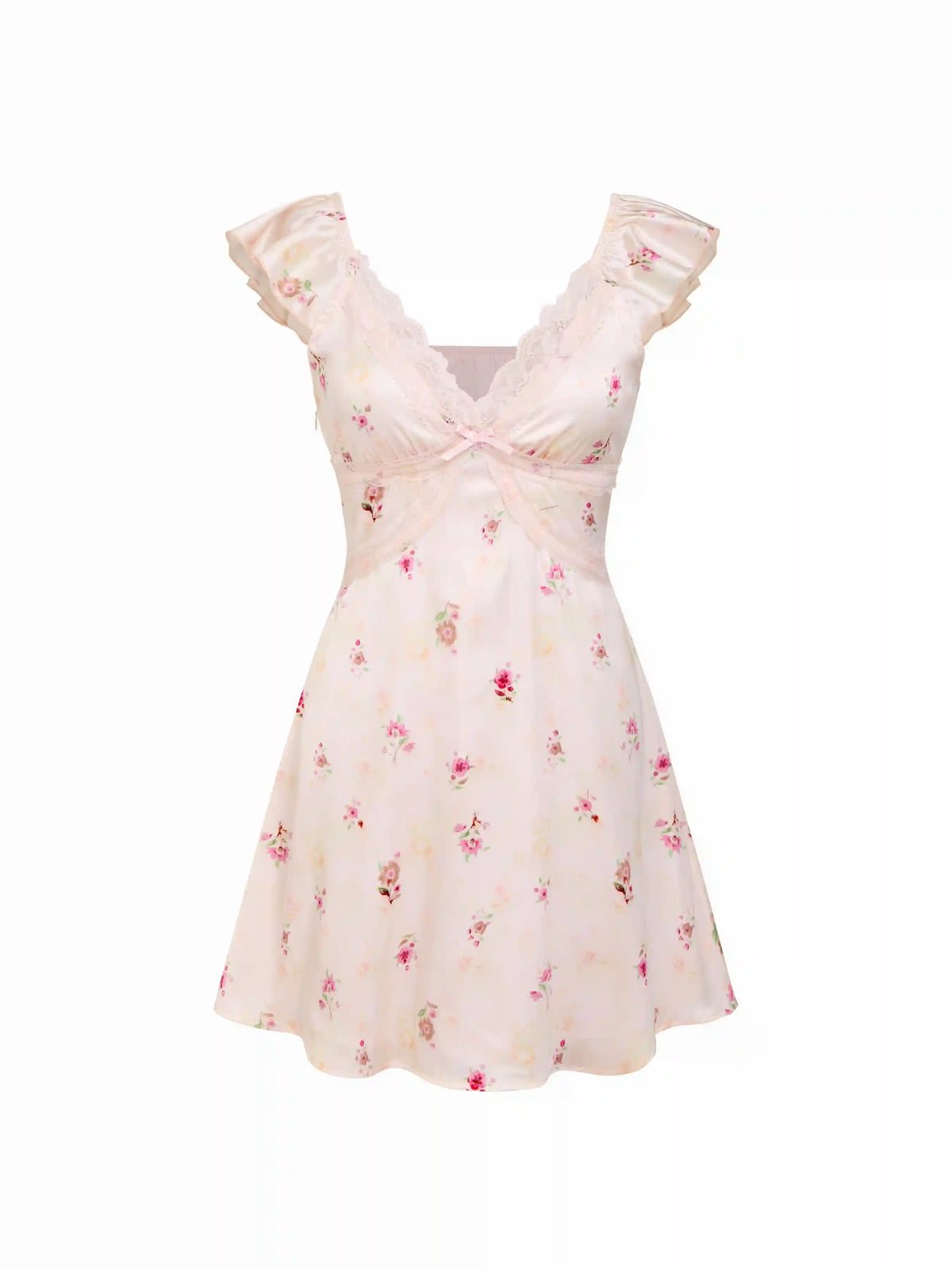 Satin Floral V-neck Ruffle Sleeve Lace A-line Mini Dress