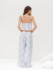 V-neck Floral Bowknot Tank Top & Mid Rise Drawstring Trousers Loungewear Set