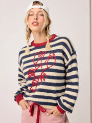 Knit Stripe Lobster Graphic Long Sleeve Contrasting Binding Oversized Sweater