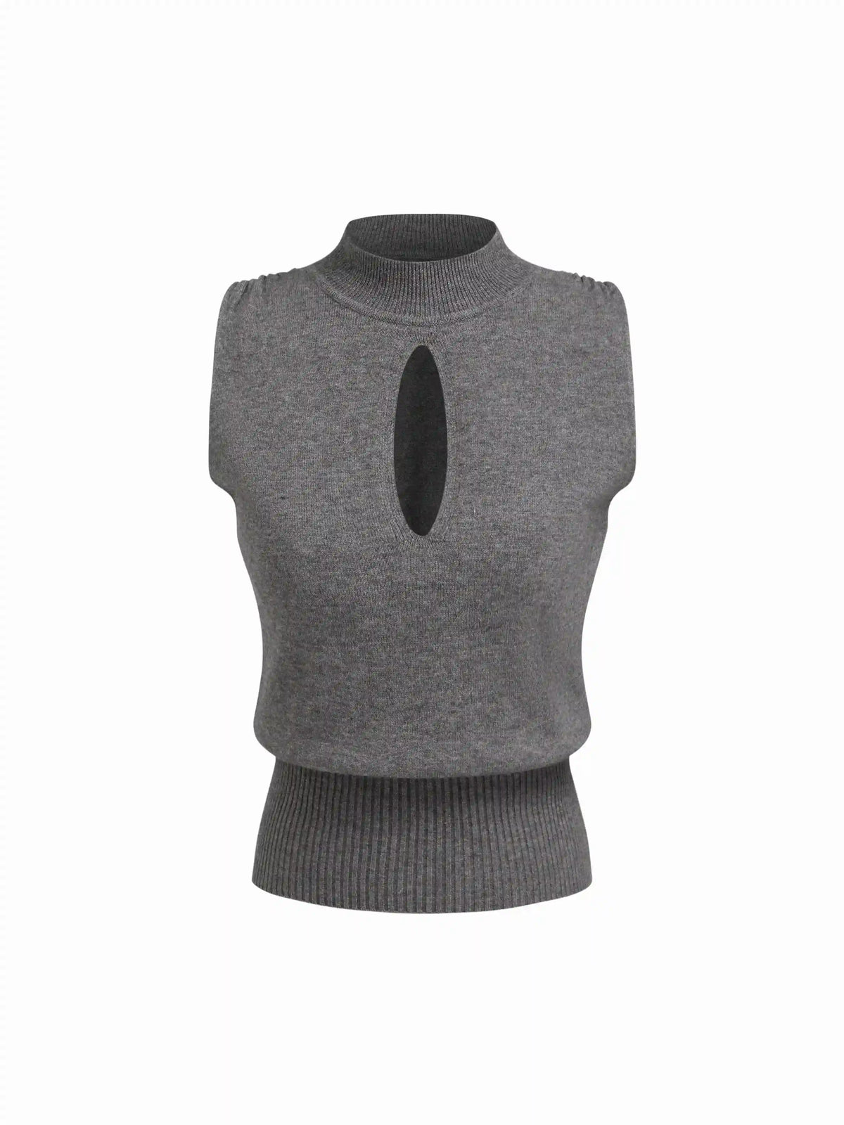 Knit Stand Collar Cut Out Cinched Waist Top