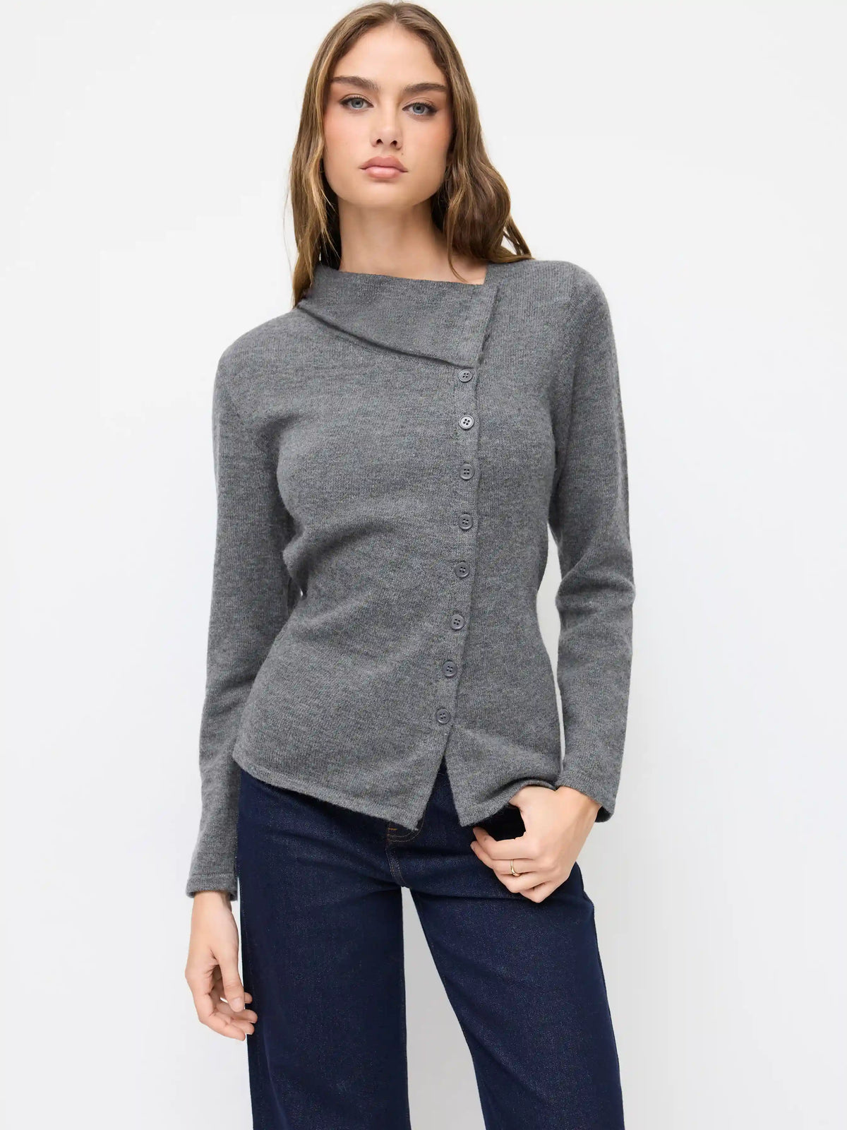 Wool-blend Knit Asymmetrical Neck Long Sleeve Top