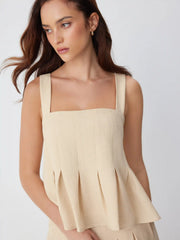 Square Neckline Pleated Cami Top & Mid Rise Wide Leg Pants Set