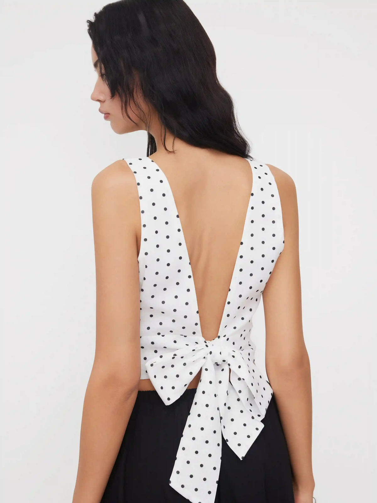 Boat Neck Polka Dot Bowknot Backless Crop Top