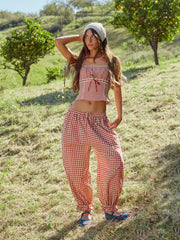 Cotton-blend Gingham Adjustable Drawstring Hem Balloon Pants