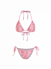 Floral Butterfly Halter Neckline Tie Side Triangle Bikini Set