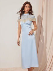 Satin Stand Collar Lace Panel A-line Maxi Dress