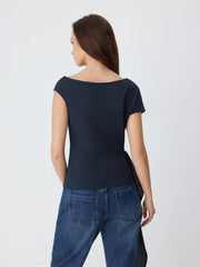 Linen-blend Asymmetrical Neck Blouse With Belted