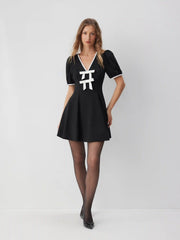 V-neck Lantern Sleeve Bowknot Flared Mini Dress