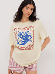 Camiseta de algodón mezclado, cuello redondo, floral y holgada