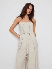 Linen-blend Mid Rise Straight Leg Jumpsuit With Beaded Belt