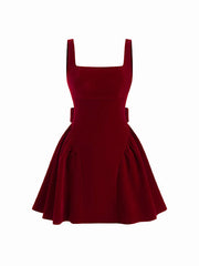 Velvet Square Neck Bowknot Tie Back Ruffle Mini Dress