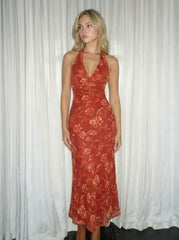 Chiffon Sweetheart Floral Backless Tie Back Mermaid Maxi Dress