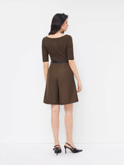 Boat Neck Mid-length Sleeve Romper With Belt