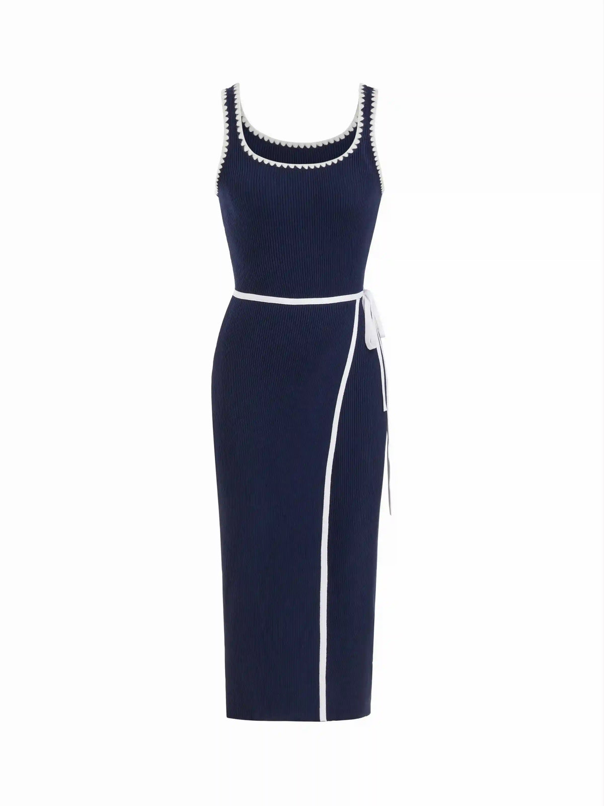 Scoop Neck Colorblock Contrasting Binding Knotted Midi Dress