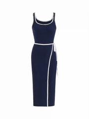 Scoop Neck Colorblock Contrasting Binding Knotted Midi Dress