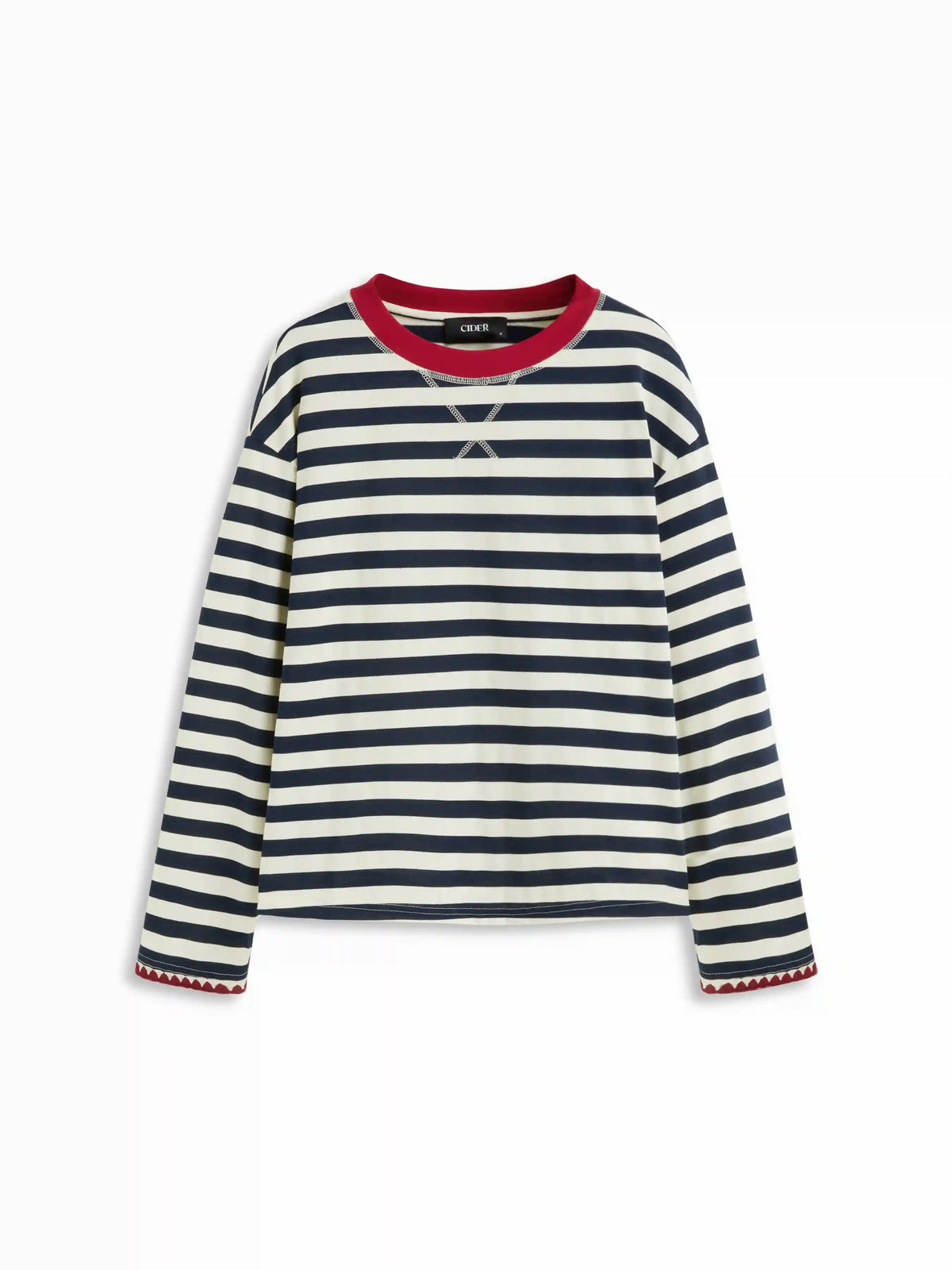 Cotton-blend Stripe Contrasting Binding Oversized Long Sleeve Tee