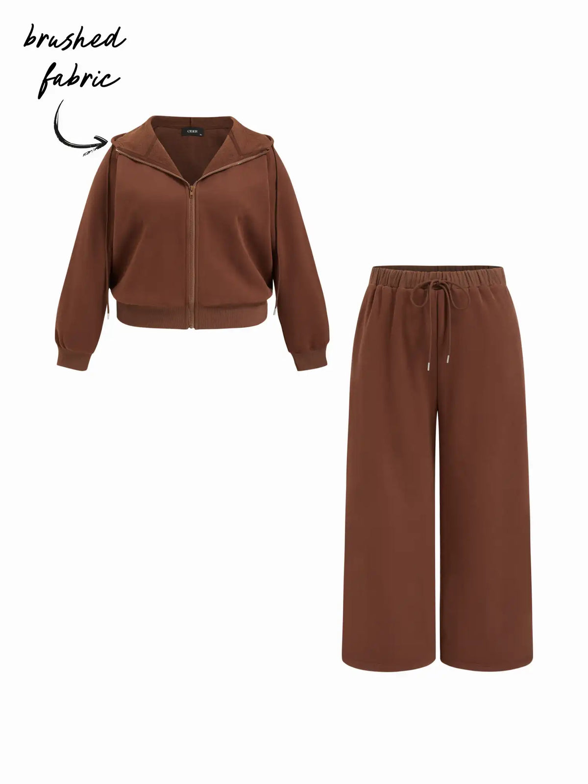 Cotton-blend Collar Zip Through Top & Mid Rise Drawstring Straight Leg Trousers Set Curve & Plus