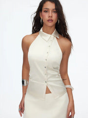 Silk Halter Neck Button Front Cut Out Slim Blouse