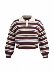 Knit Polo Stripd Lantern Sleeve Top Curve & Plus