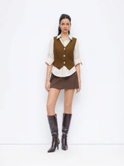 V-neck Metal Button Belted Asymmetrical Hem Blazer Vest