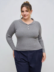 Knit Collar Solid Button Long Sleeve Top Curve & Plus