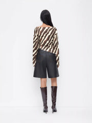 Boat Neck Zebra Striped Belted Bell Sleeve Top