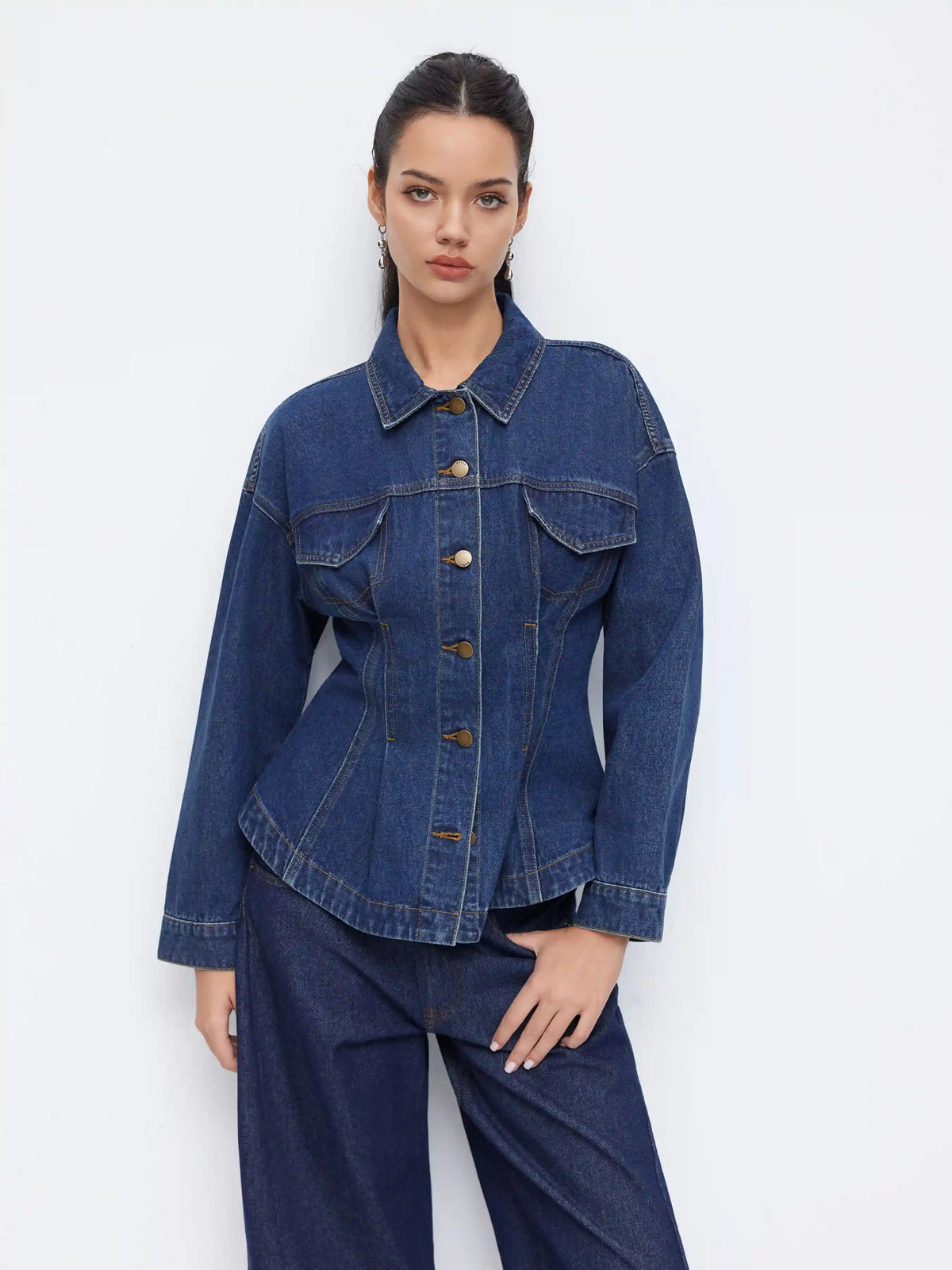Denim Collar Long Sleeve Cinched Waist Ruffle Hem Button Jacket