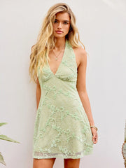 Lace Halter Neckline A-line Mini Dress