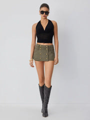 Cotton-blend Low Rise Metal Detail Button A-line Mini Skort