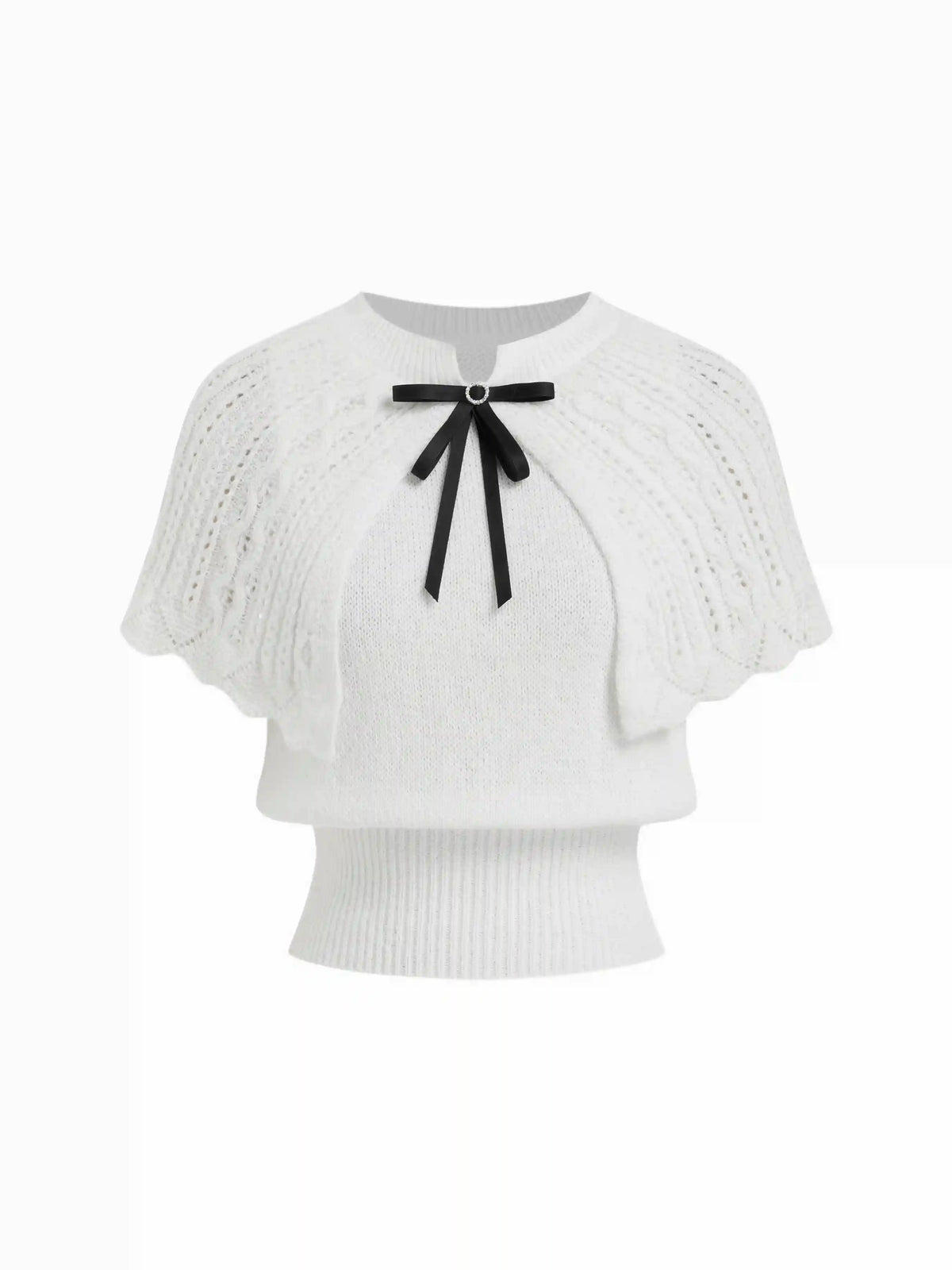 Knit Pointelle Bowknot Cape Detail Short Sleeve Top